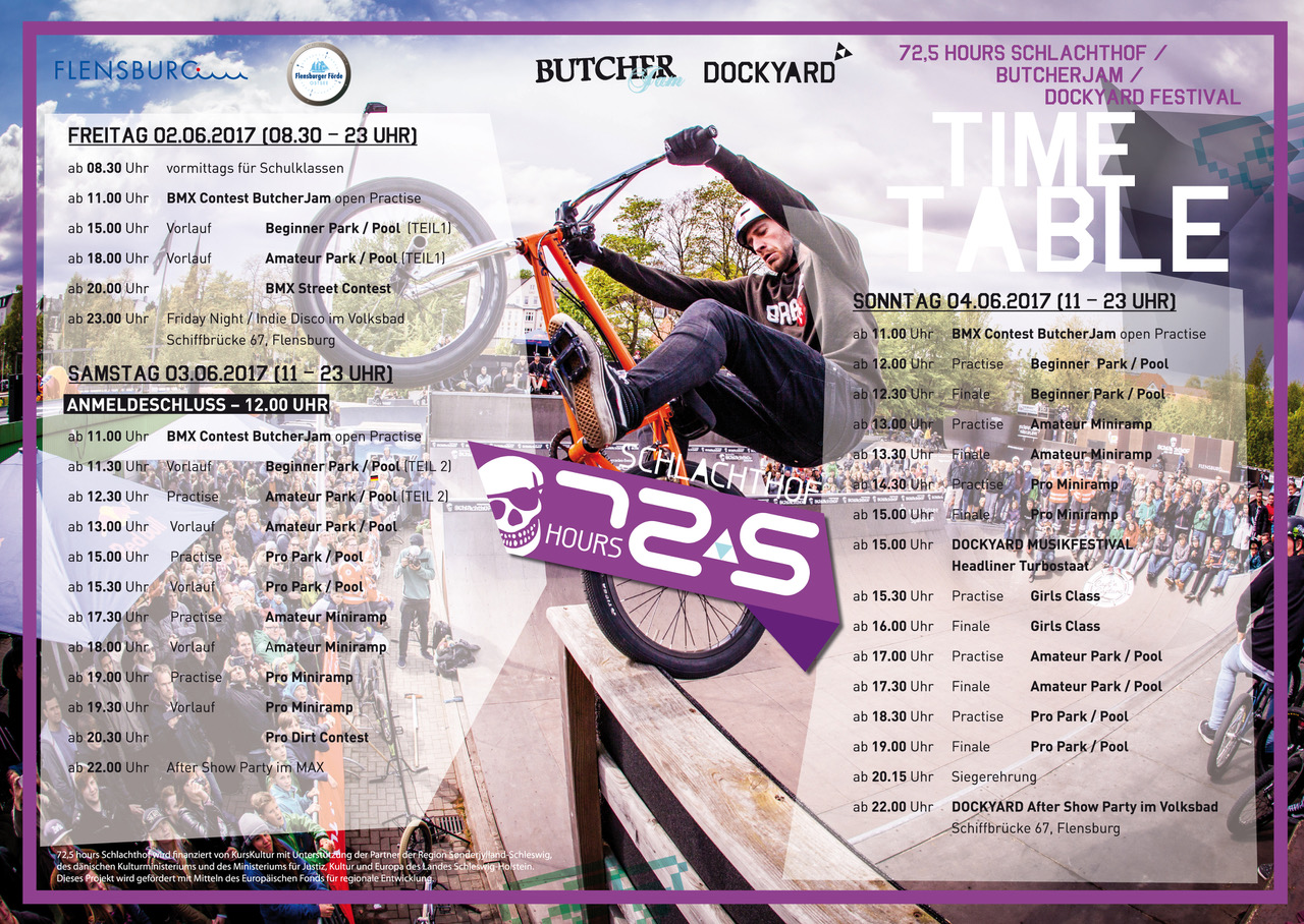 So sieht der offizielle Zeitplan für den Butcher Jam 2017 im Schlachthof Skate- und BMX-Park Flensburg aus