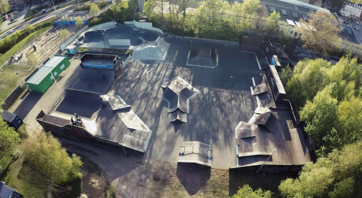 Der Schlachthof BMX- und Skatepark in Flensburg aus der Vogelperspektive