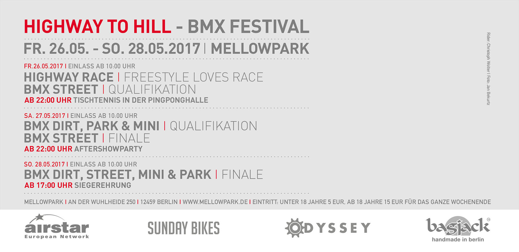 Zeitplan für den Highway to Hill 2017 im Mellowpark Berlin