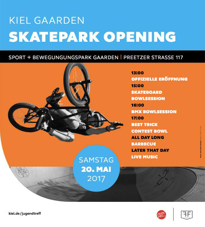 Am 20. Mai 2017 wird der neue Betonpark im Kieler Stadtteil Gaarden mit einem Best-Trick-Contest und einer Bowlsession eröffnet. Hier erfährst du mehr.