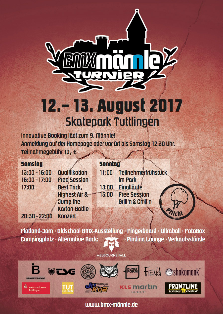 Das BMX Männle Turnier findet vom 12.-13. August 2017 bereits zum neunten Mal (!) im Skatepark Tuttlingen statt und hat diesmal einige Neuerungen zu bieten.