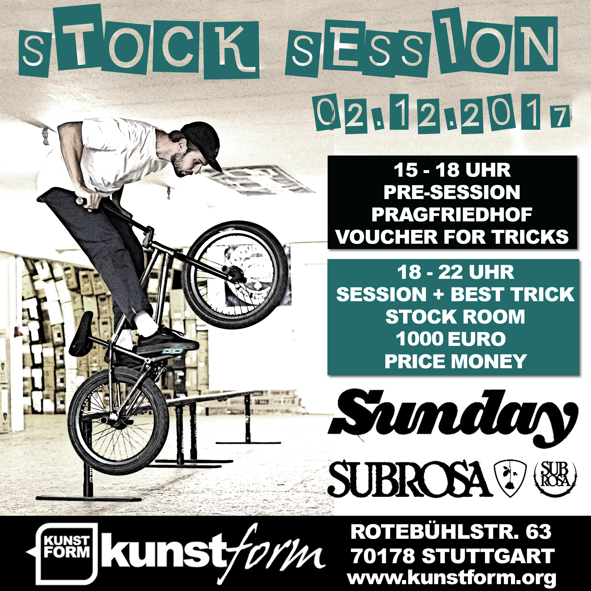 Die kunstform Stock Session 2017 findet am 2. Dezember im Lagerraum des Stuttgarter BMX Shops und Mailorders statt. Hier erfährst du mehr.