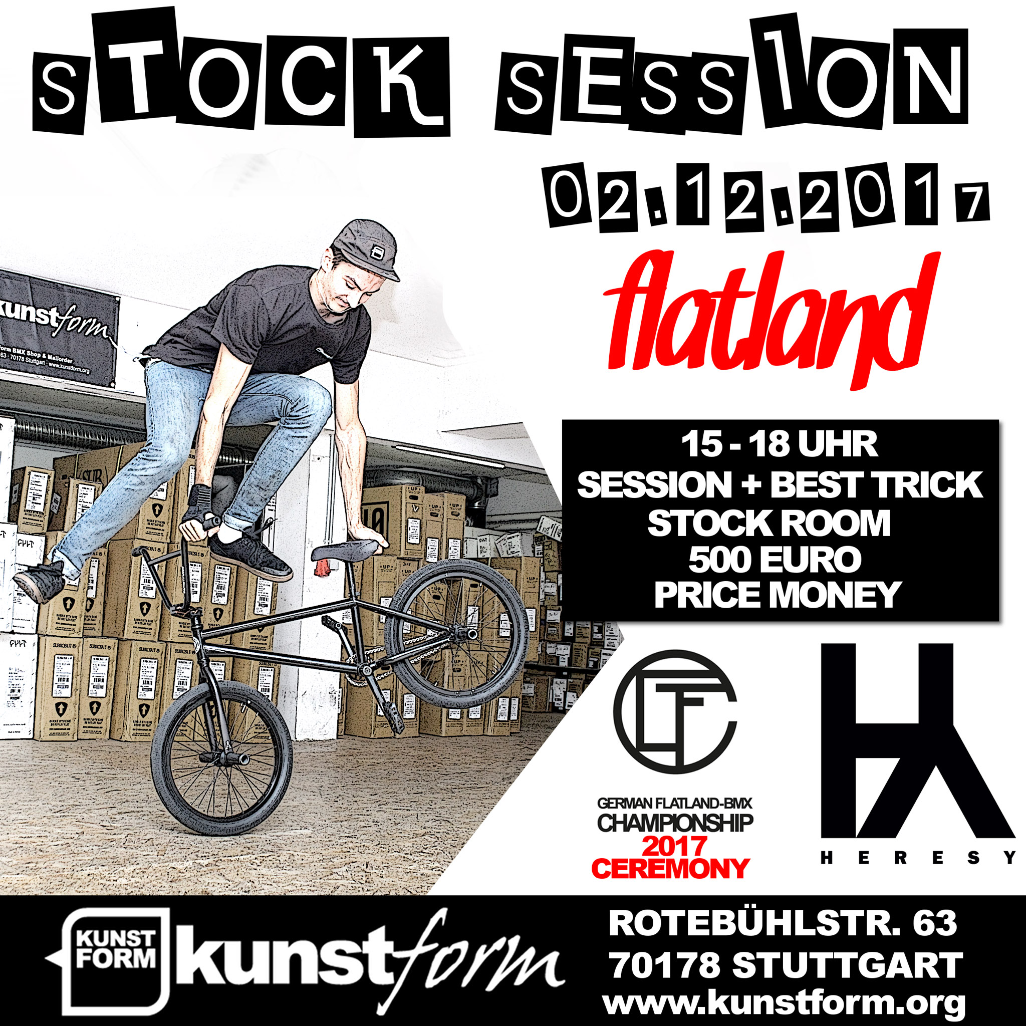Im Rahmen der kunstform Stock Session 2017 findet in diesem Jahr auch ein kleiner Flatlandjam mit eingebautem Best-Trick-Contest statt, bei dem es 500 Euro Preisgeld zu gewinnen gibt
