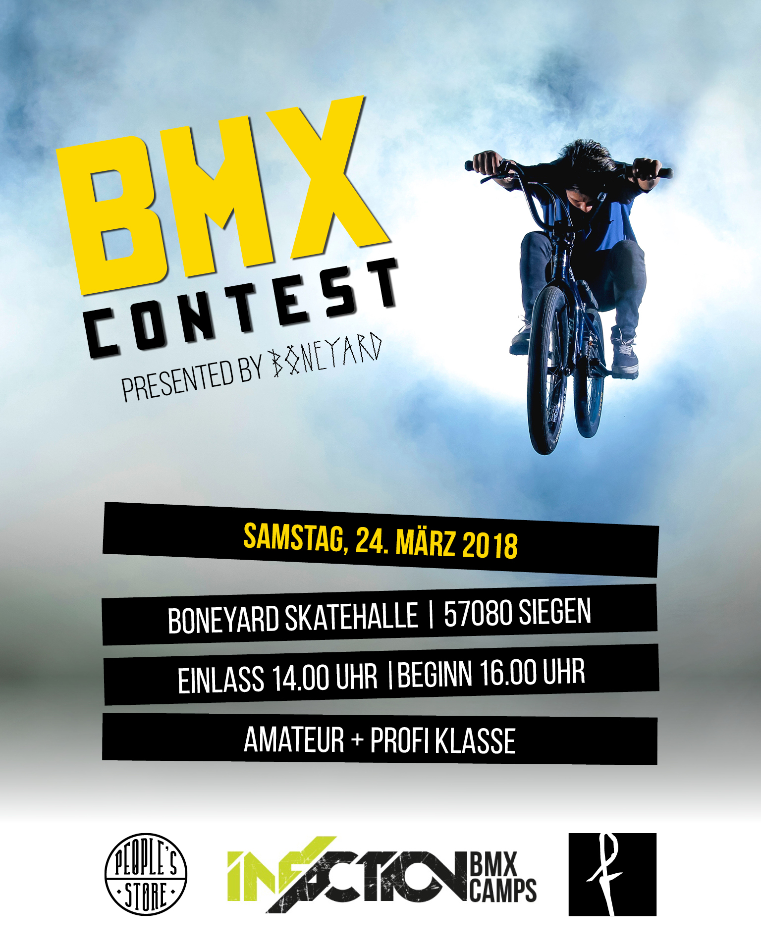 Am 24. März 2018 veranstaltet Infaction gemeinsam mit dem Team der Boneyard-Skathalle einen BMX-Contest für Newbies, Fortgeschrittene und Pros in Siegen.