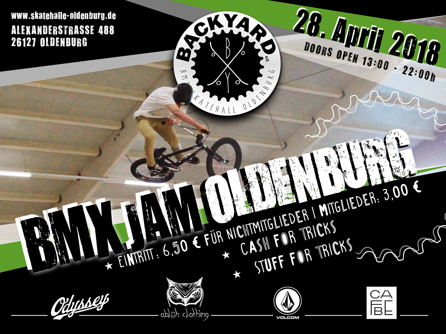 Gemeinsame Sessions, Cash & Stuff for Tricks und weitere Spielereien: Am 28. April 2018 findet von 13-22 Uhr ein BMX-Jam in der Skatehalle Oldenburg statt.
