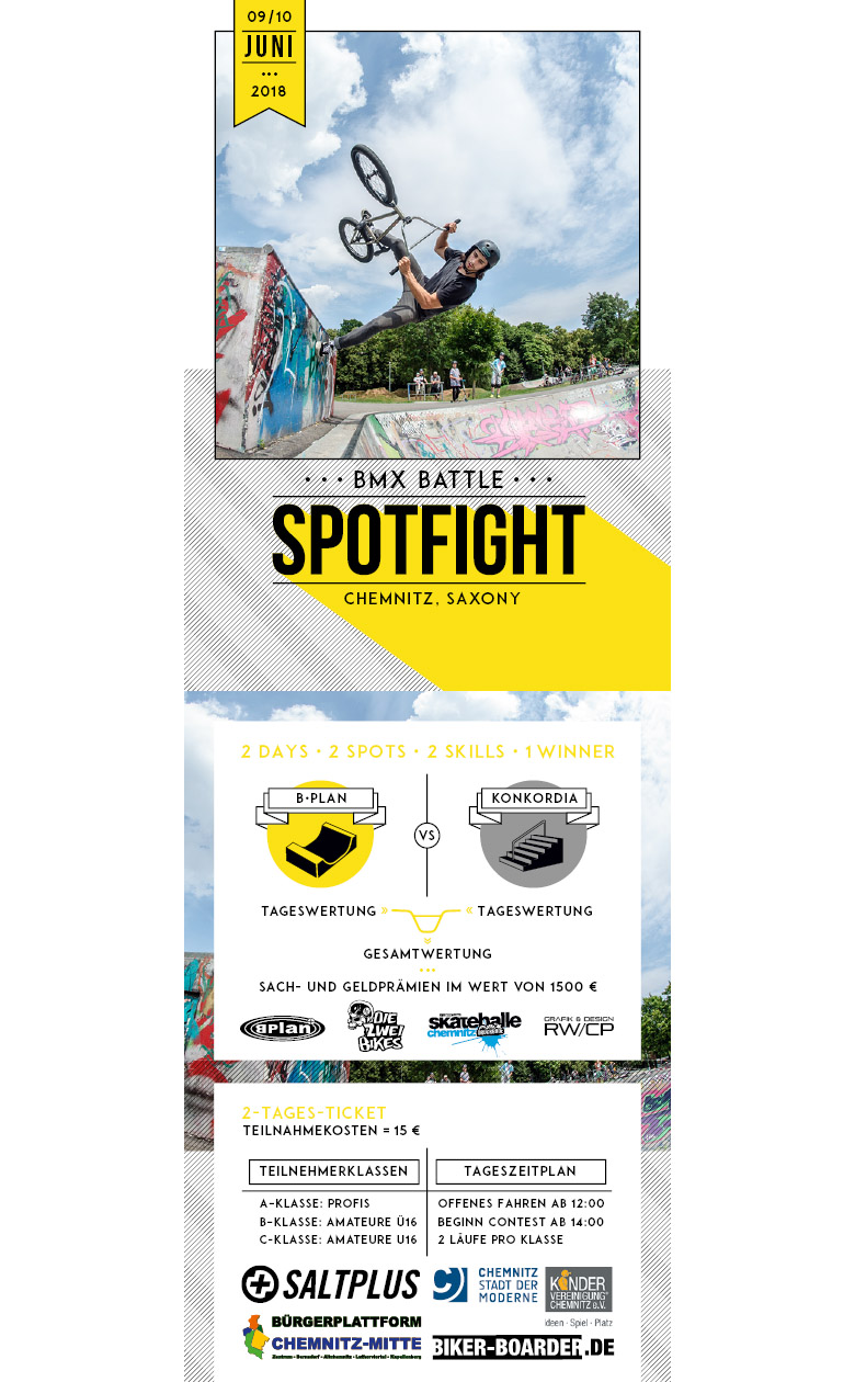 Am Wochenende vom 9.-10. Juni 2018 findet in Chemnitz die zweite Auflage des Spotfight BMX-Battles statt. Hier erfährst du mehr.