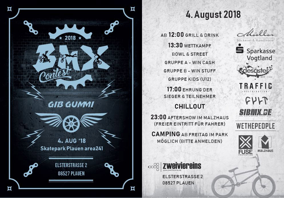 Der "Gib Gummi"-Contest in Plauen ist Sachsens größtes Outdoor-BMX-Event. Am 4. August 2018 feiert die Veranstaltung im area241-Park ihren 10. Geburtstag.