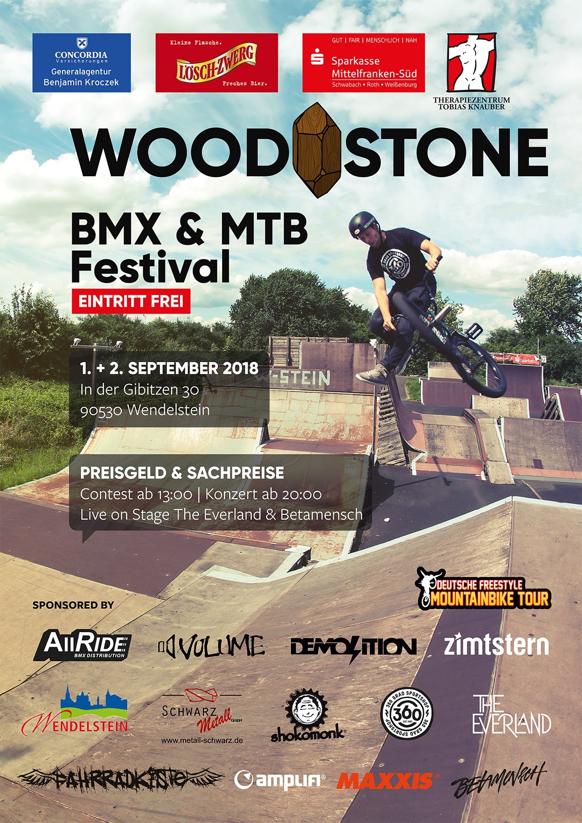 Das Woodstone BMX- und MTB-Festival im Skatepark Wendelstein geht nach einjähriger Kreativause vom 1.-2. September 2018 in die dritte Runde. Mehr dazu hier.
