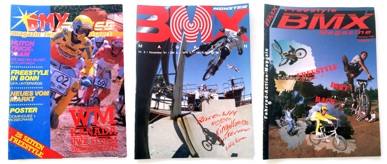 Die Vorläufermagazine von freedombmx (v.l.n.r.): BMX Speed, Monster BMX und Freestyle BMX