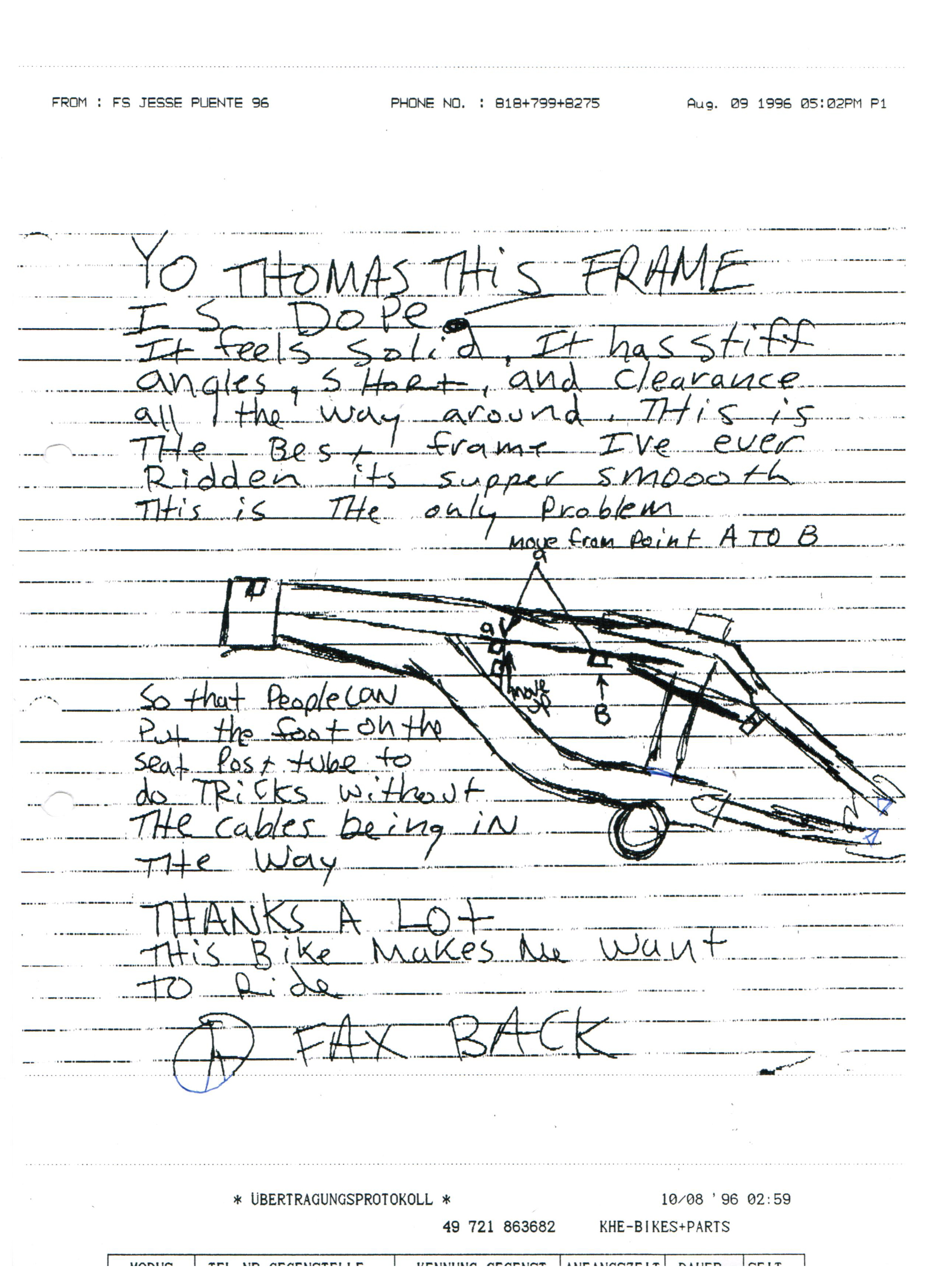 Jesse machte sich sofort an die Arbeit und designte seinen "Premium Lagger"-Signaturerahmen. Hier ist ein historisches Fax, das Jesse während des Entwicklungsprozess von L.A. nach Karlsruhe schickte