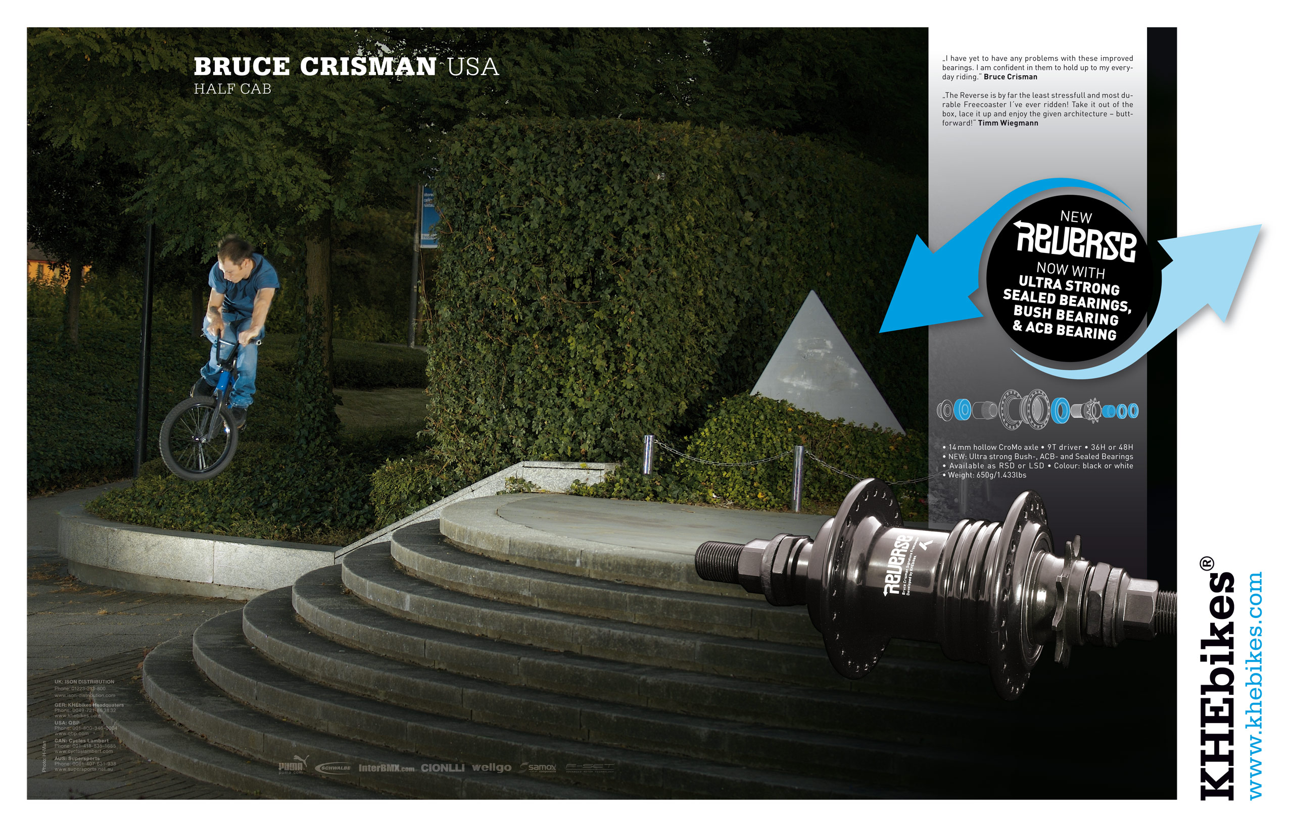 Ebenfalls seiner Zeit weit voraus war Bruce Crisman, der als einer der Pioniere des Freecoasterfahrens gilt. 2007 entwickelte der X-Games-Goldmedaillengewinner von 2001 mit dem Reverse den ersten Freecoaster aller Zeiten mit einer 14-mm-Achse für KHEbikes. Das spätere Astern-Modell hatte außerdem ein von außen verstellbares Gap