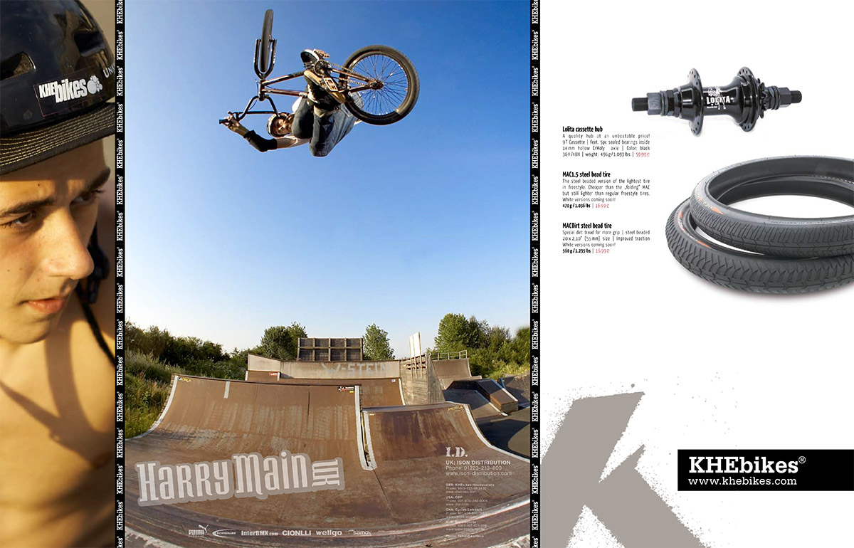 Zu den vielen berühmten Fahrern, die mal für KHEbikes gefahren sind, zählt auch Harry Main. Das Foto in dieser Anzeige ist übrigens im Skatepark Wendelstein während der KHEbikes-Deutschlandtour entstanden