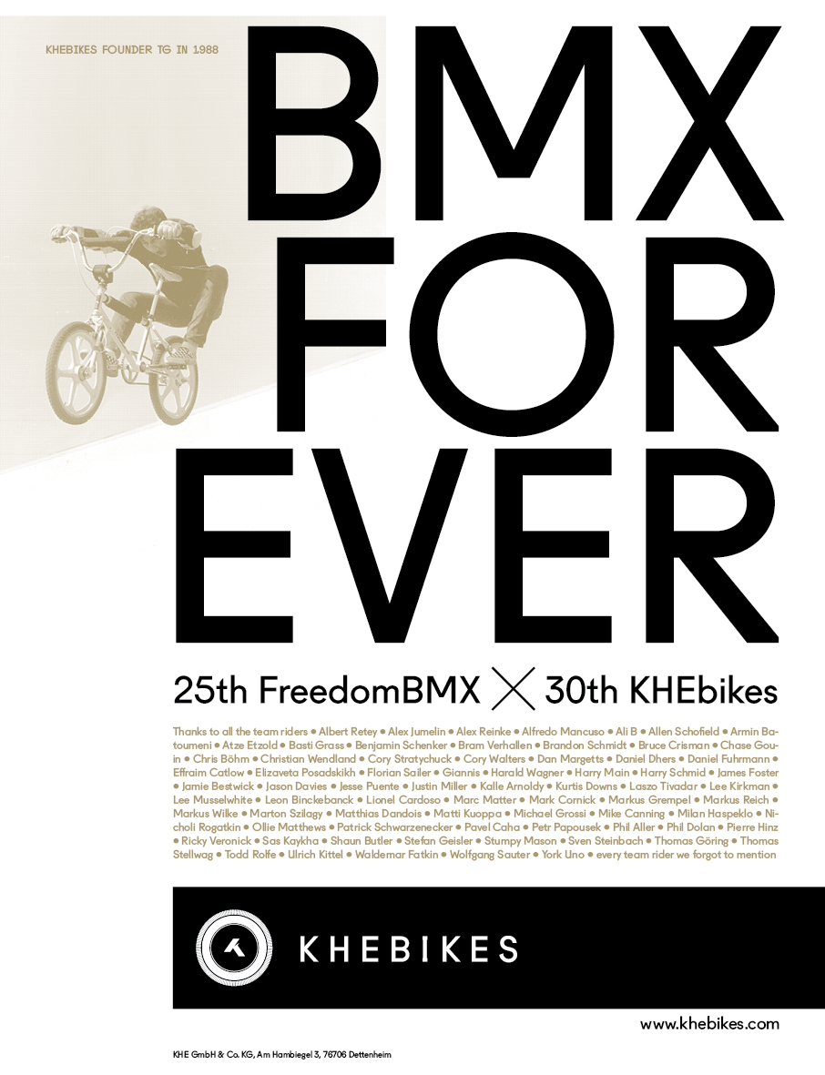 Und zum Schluss haben wir hier noch die KHEbikes-Anzeige aus unserer Jubiläumsausgabe, mit der die Jungs uns nicht nur gratulierten, sondern sich auch bei all ihren Teamfahrern der vergangenen 30 Jahre bedankten. Danke für den Support! 