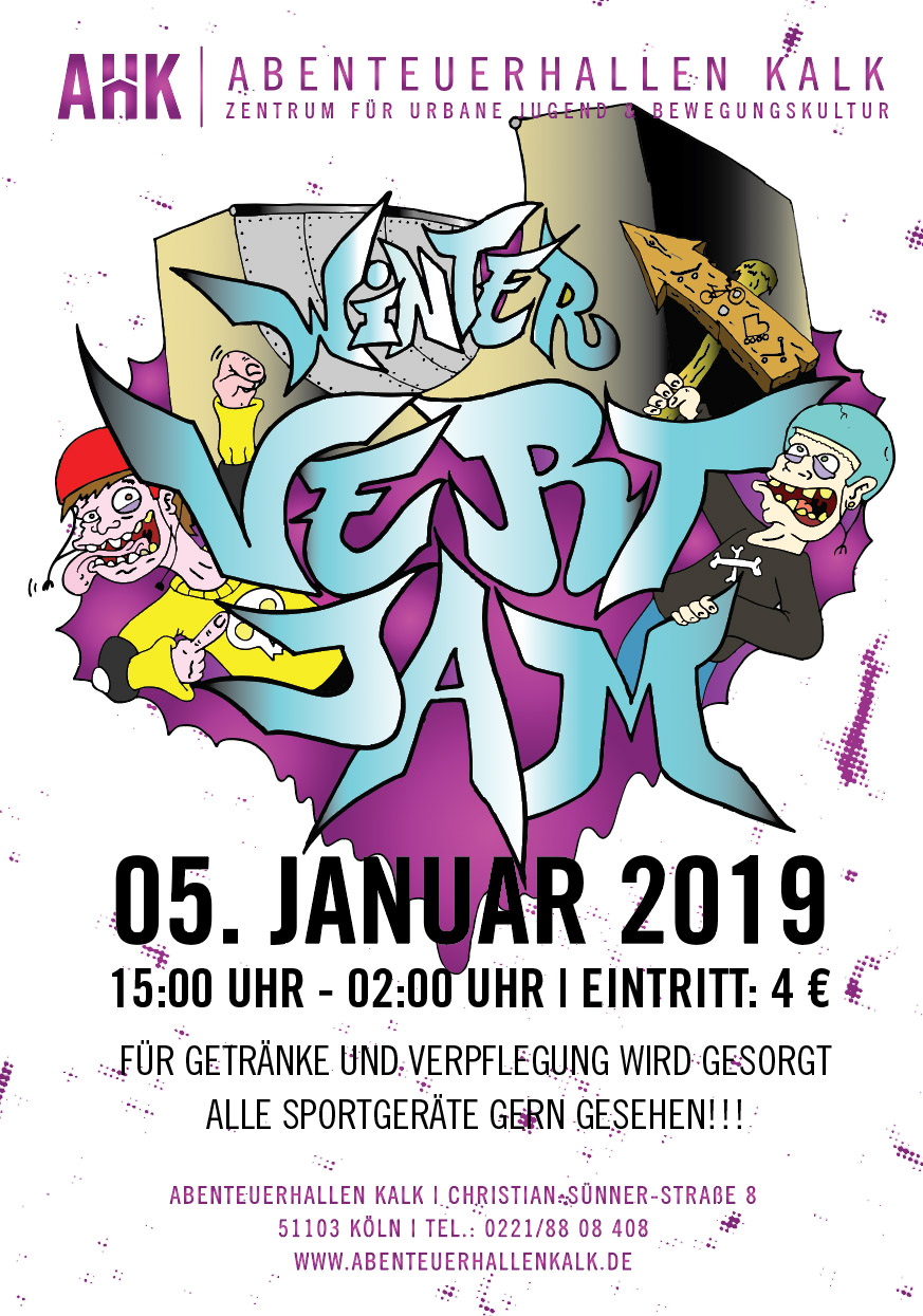 Am 5. Januar 2019 findet in den Kölner AbenteuerHallenKALK ein Vertjam für Skater, BMXer, Scooterfahrer, Blader und WCMXer statt. Hier erfährst du mehr.