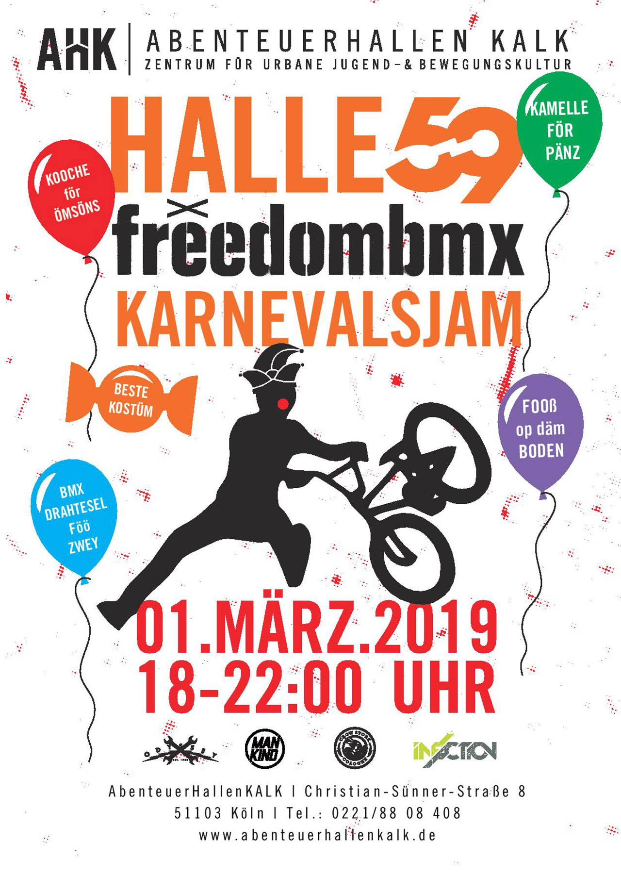 Die fünfte Jahreszeit kann kommen! Der alljährliche freedombmx X Halle 59 Karnevalsjam steigt in diesem Jahr am 1. März in den AbenteuerHallenKALK.
