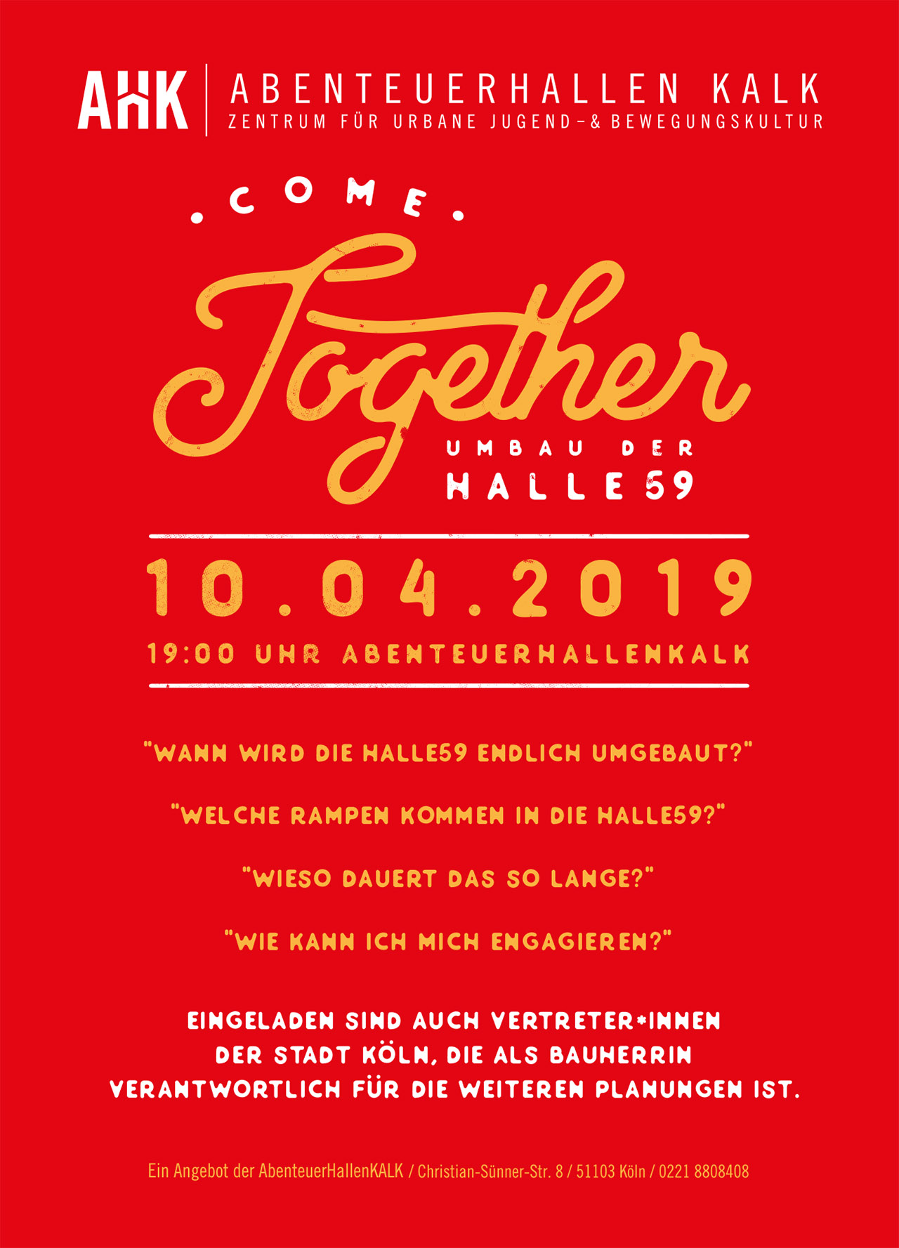 Erscheinungspflicht! Am 10. April 2019 findet in der Halle 59 ein Treffen zum geplanten Umbau des Rampenparcours mit Vertreter_innen der Stadt statt.