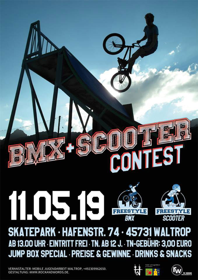 Am 11. Mai 2019 findet wieder ein BMX- und Scootercontest im Skatepark am Cliquentreff Waltrop statt. Hier erfährst du mehr.