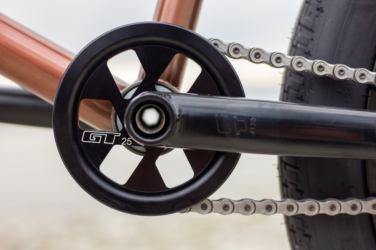 Detailaufnahme GT BMX Kurbel und Kettenblatt mit Sprocket Guard