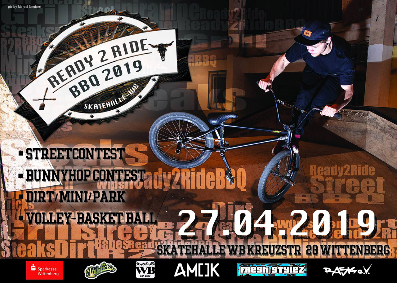 Angrillen in Sachsen-Anhalt: Am 27. April 2019 findet auf dem Gelände der Skatehalle Wittenberg die sechste Auflage des Ready2Ride BBQ statt.
