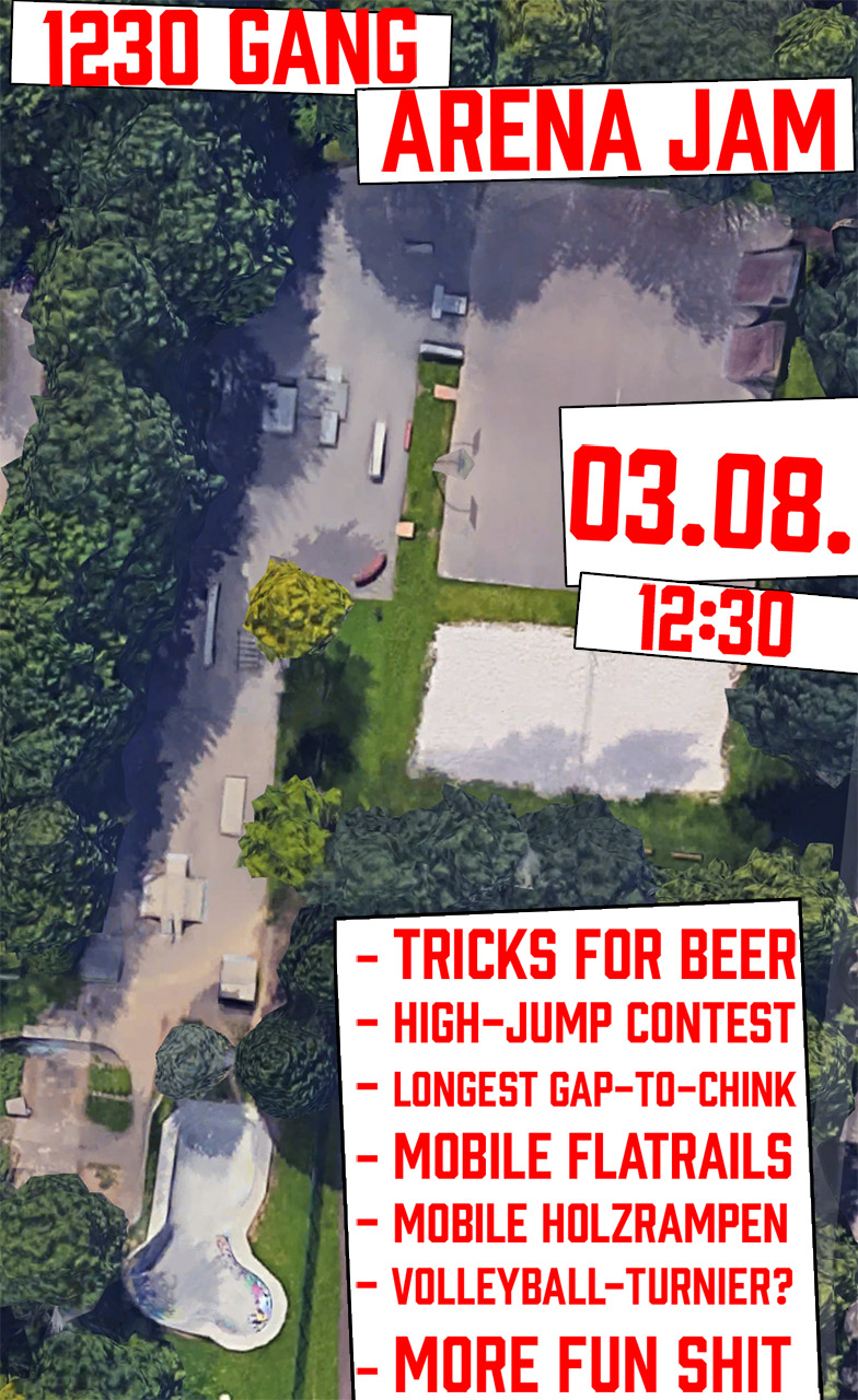 Am 3. August 2019 veranstaltet die 1230 Gang einen Jam im Arena Skatepark Regensburg. Hier sind die wichtigsten Infos