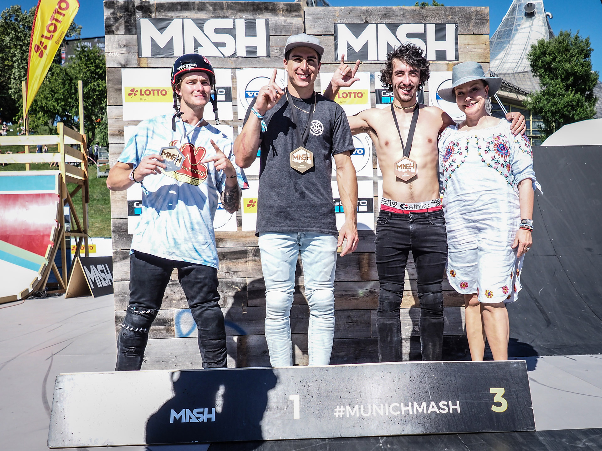 Die Gewinner von BMX Lake Line auf dem MASH 2019 (v.l.n.r.): Andy Buckworth (2.), Jake Leiva (1.) und Jack Clark (3.)