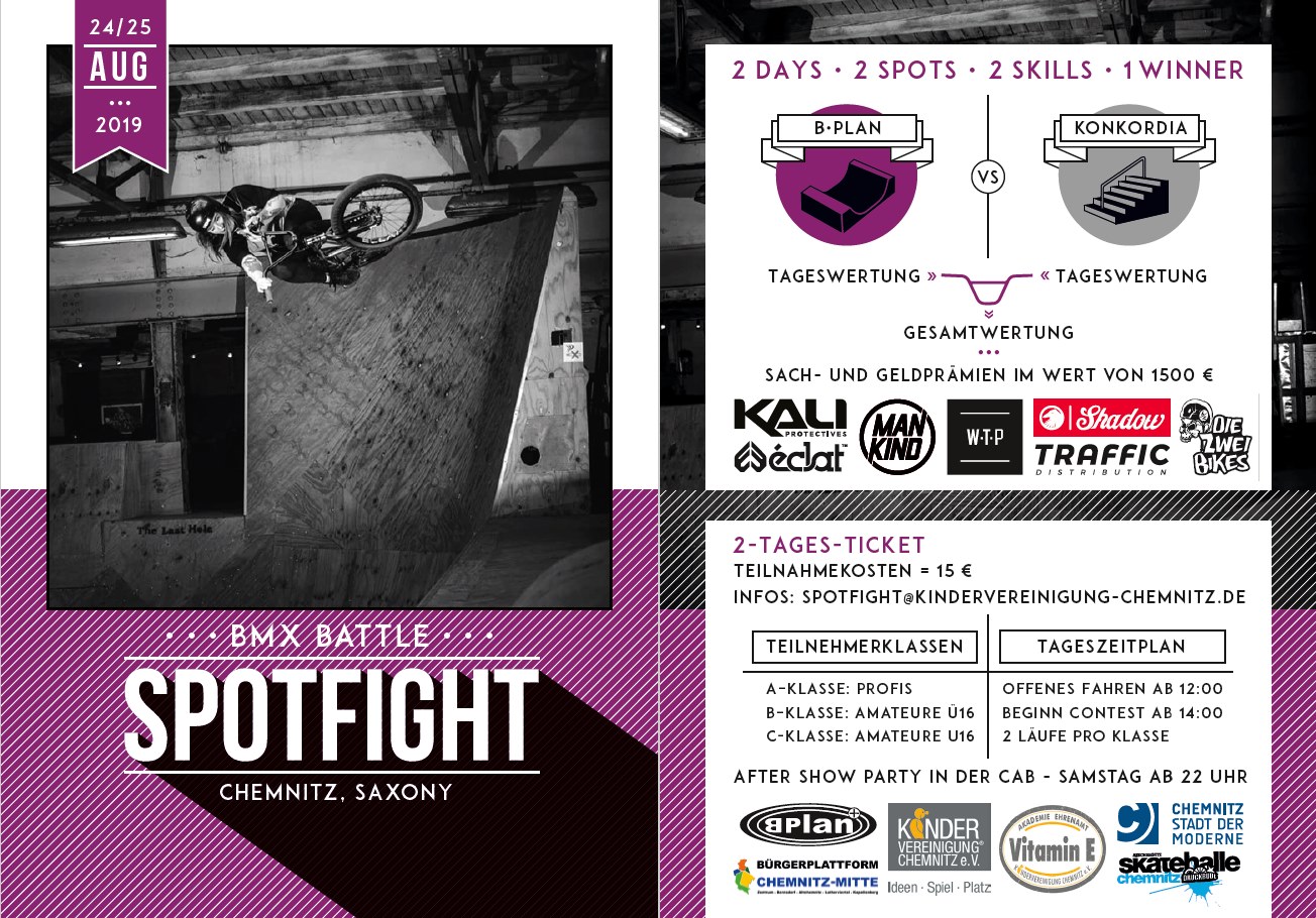 Vom 24.-25. August 2019 geht der BMX Battle Spotfight in Chemnitz in die dritte Runde. Hier findest du die wichtigsten Infos zu der Sause im Herzen Sachsens