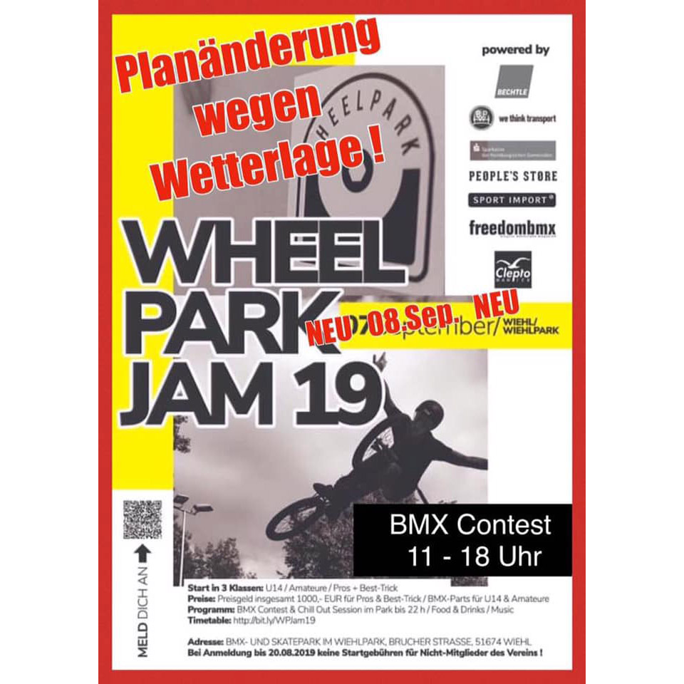 Achtung, Terminänderung: Der Wheelpark Jam wird wetterbedingt auf Sonntag, den 8. September 2019 verschoben!