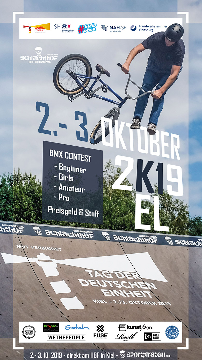 Die Flensburger Sportpiraten veranstalten am 3. Oktober 2019 beim zentralen Fest zum Tag der Deutschen Einheit einen BMX-Parkcontest am Hauptbahnhof Kiel.