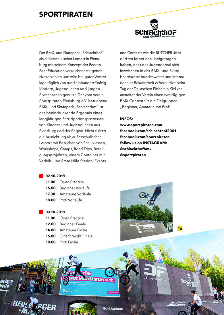 Die Flensburger Sportpiraten veranstalten am 3. Oktober 2019 beim zentralen Fest zum Tag der Deutschen Einheit einen BMX-Parkcontest am Hauptbahnhof Kiel.