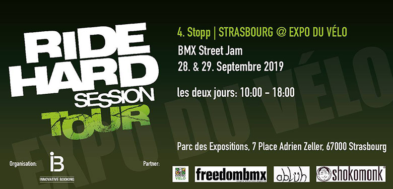 Stuff for tricks all day long: Vom 28.-29. September 2019 legt die Ride Hard Session Tour einen Stopp auf der Expo du Vélo in Strasburg (Frankreich) ein.