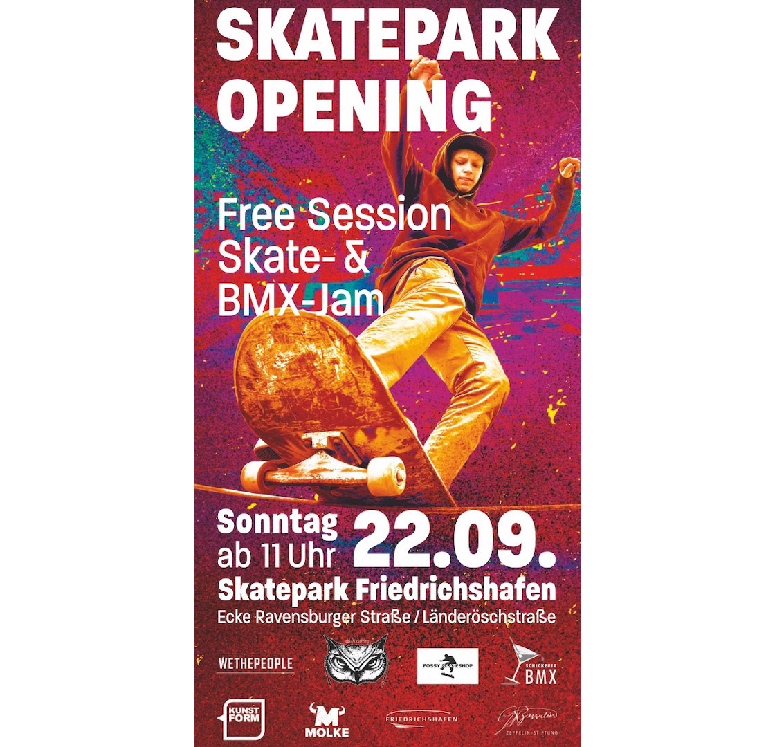 Am 22. September 2019 wird der neue Skatepark in Friedrichshafen mit einer Free Session und einem Skate- und BMX-Jam eröffnet. Hier erfährst du mehr.