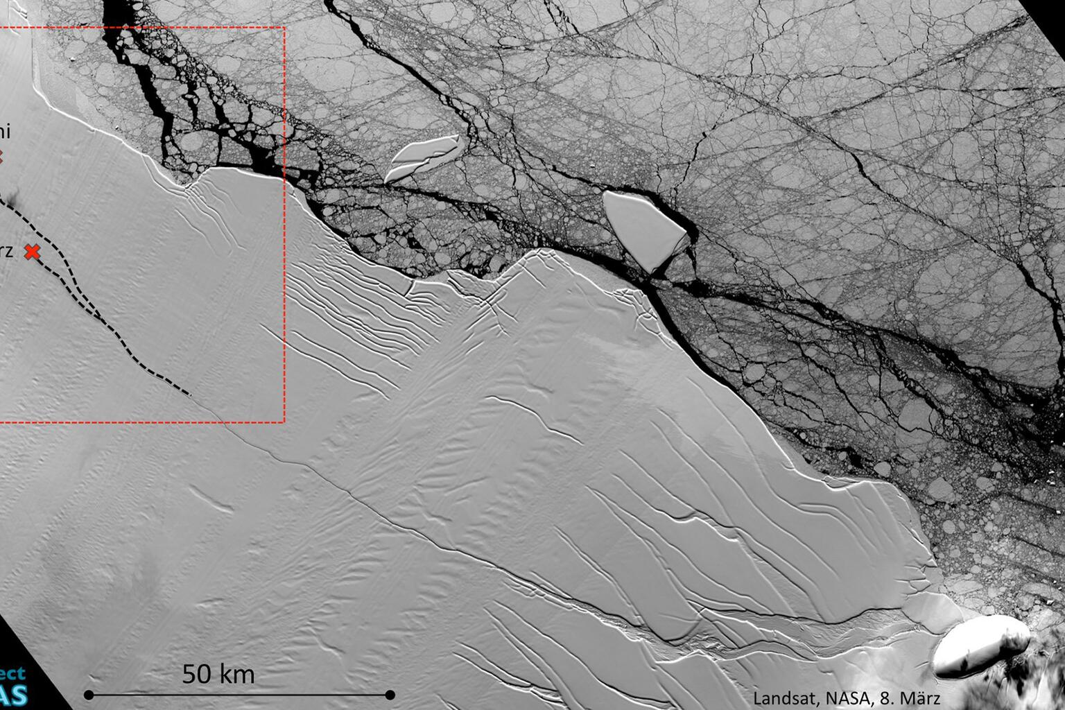 Ein Bild der NASA aus dem März 2017 zeigt den Riss im Larsen-C-Schelfeis – Credit: Landsat/NASA