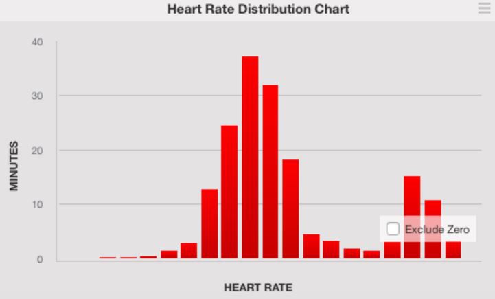Genau wie bei den Power-Grahphen, gibt es in Training Peaks auch bezüglich der Herzfrequenz neben dem Heart-Rate-By-Zones-Chart auch noch einen Heart-Rate-Distribution-Chart, der deine Werte in 5-bpm-Schritte runterbricht. (Foto: Training Peaks)