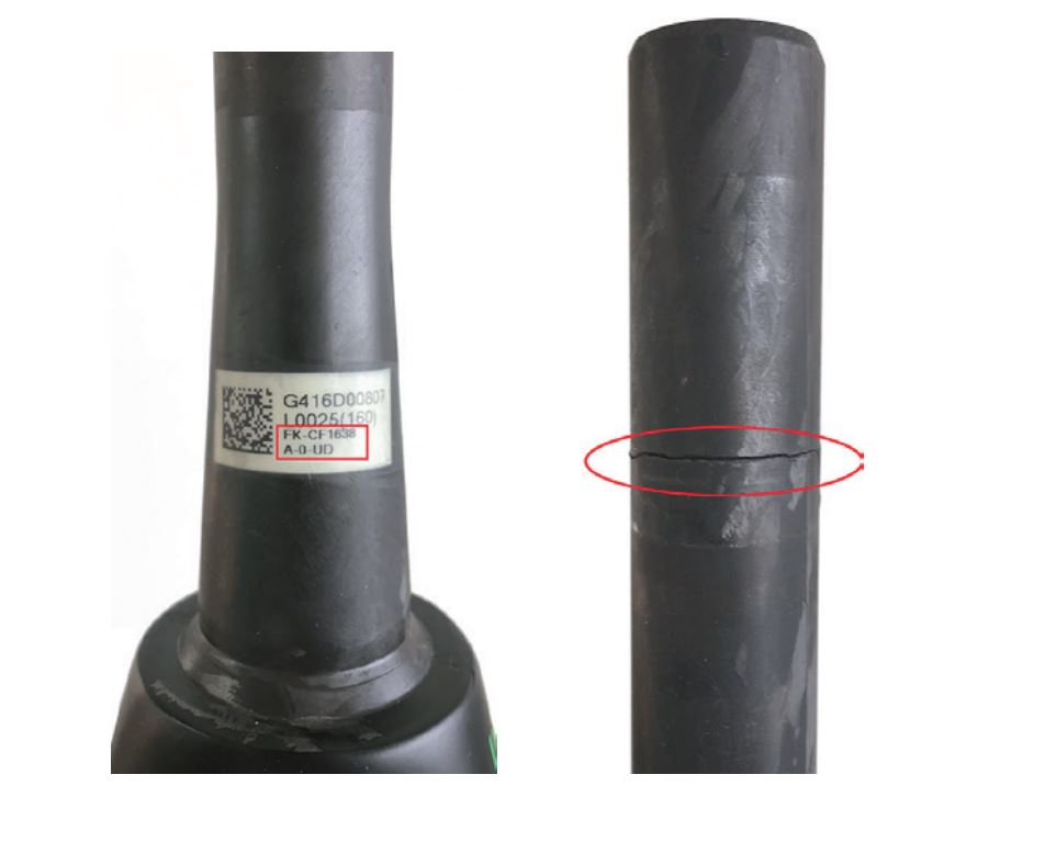 Modellnummer und Produktionscode der Gabel sind im ausgebauten Zustand ersichtlich. Bei den fehlerhaften Gabeln kann es zu Rissen kommen, wie rechts im Bild dargestellt.