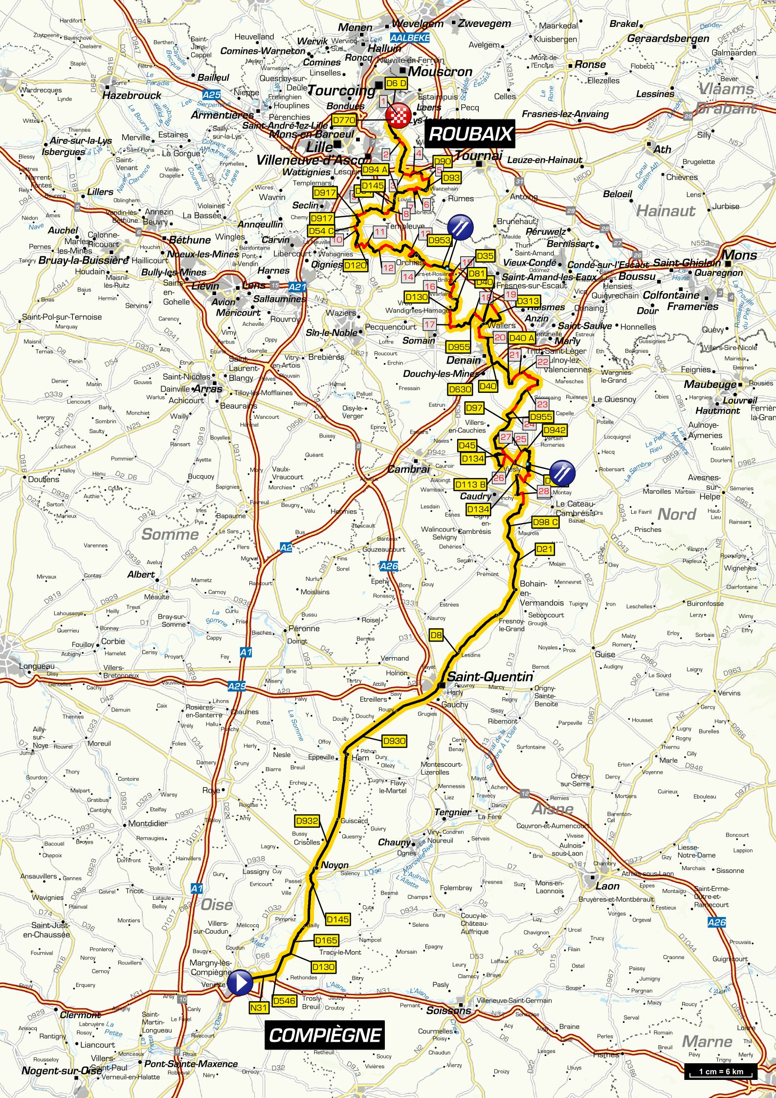Die Strecke von Paris–Roubaix 2018. Die 29 Kopfsteinpflasterabschnitte snd rot markiert. Quelle: A.S.O.