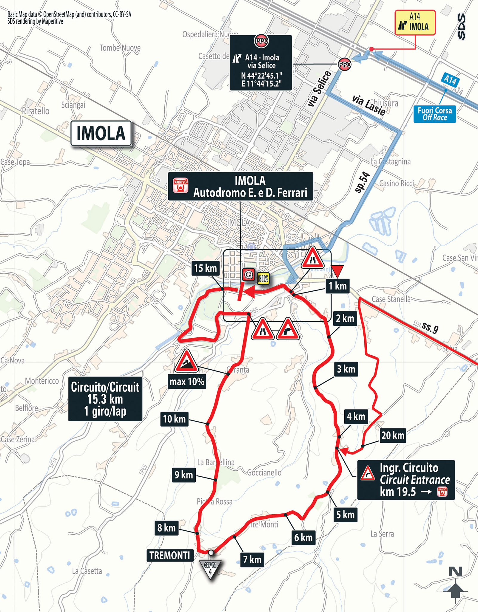 Die Zielrunde der zwölften Etappe: Beim Einstiegspunkt geht es nach rechts Richtung Rennstrecke, an deren Ziellinie die 15,3 Kilometer lange Schlussrunde beginnt und anschließend auch endet.