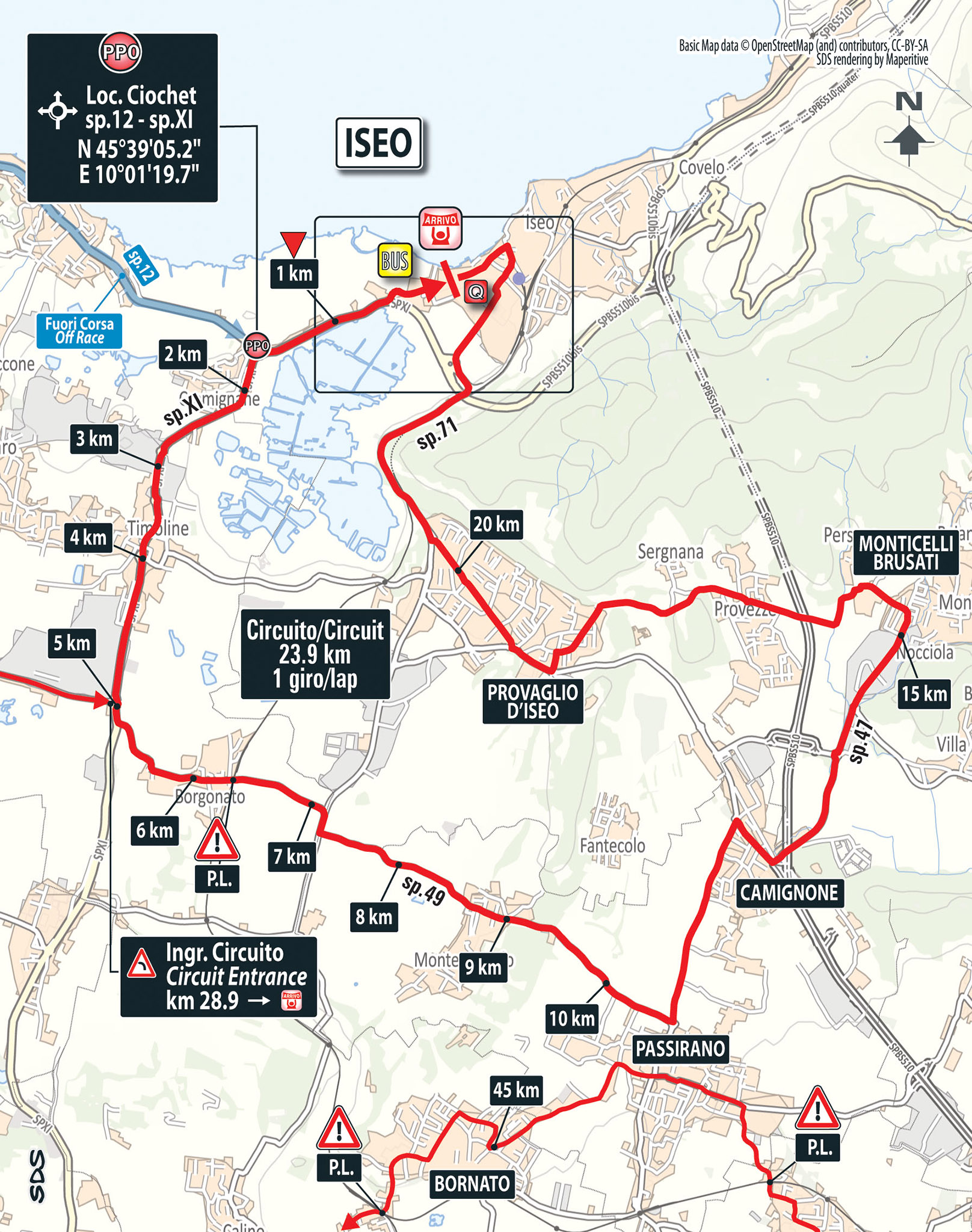 Die Schlussrunde der 17. Etappe in Iseo: Das Peloton kommt von Westen und absolviert eine Runde auf im Uhrzeigersinn.